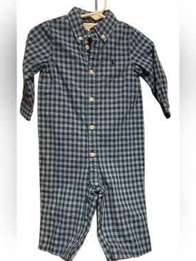 Ralph Lauren Polo Lined Blue Checkered Onesie Long Sleeve